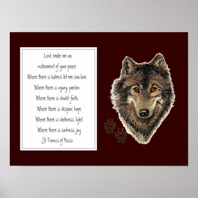 St. Francis of Assisi Prayer with Wolf  & Tracks Poster (Front)