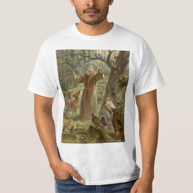 St. Francis of Assisi Surrounded by Animals T-Shirt (Front)