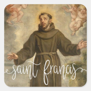 St. Francis of Assisi  White Script Overlay Square Sticker