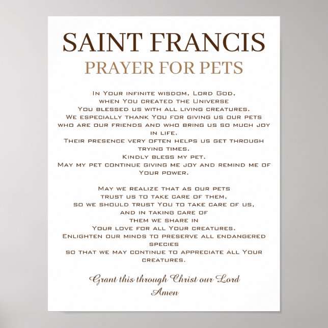 St. Francis Prayer for Pets Poster (Front)