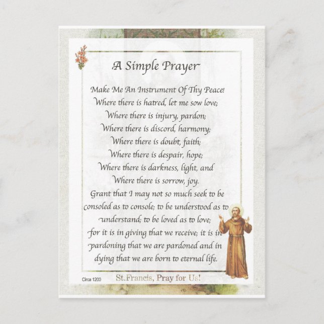 st. francis simple prayer for peace postcard (Front)