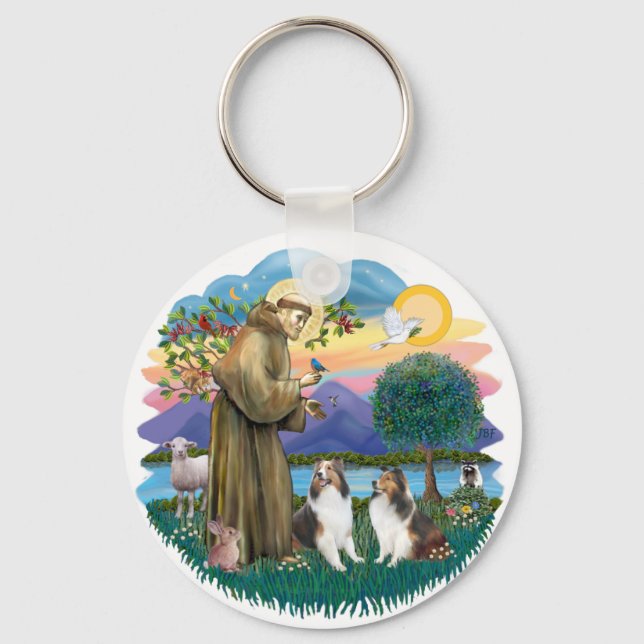 St Francis (W) - 2 Shelties (D&L) Key Ring (Front)