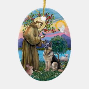 St Francis (W) - German Shepherd (C) Ceramic Tree Decoration