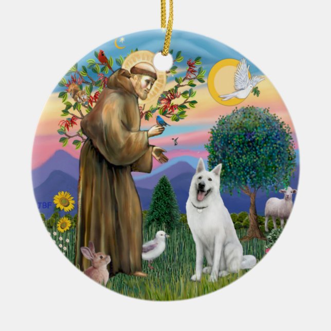 St Francis - White German Shepherd Ceramic Tree Decoration (Front)