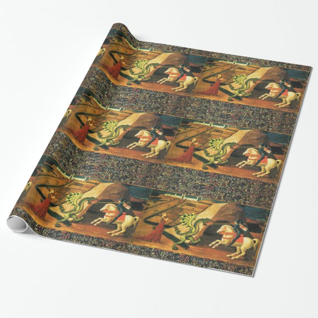 ST. GEORGE, DRAGON AND PRINCESS Gold Yellow Green Wrapping Paper (Unrolled)