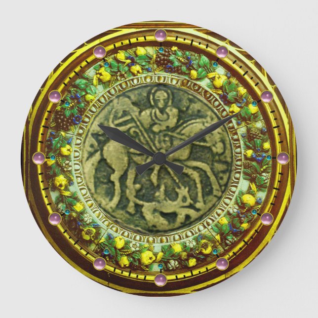 ST.GEORGE, DRAGON BRONZE MEDALLION  FLORAL CROWN LARGE CLOCK (Front)