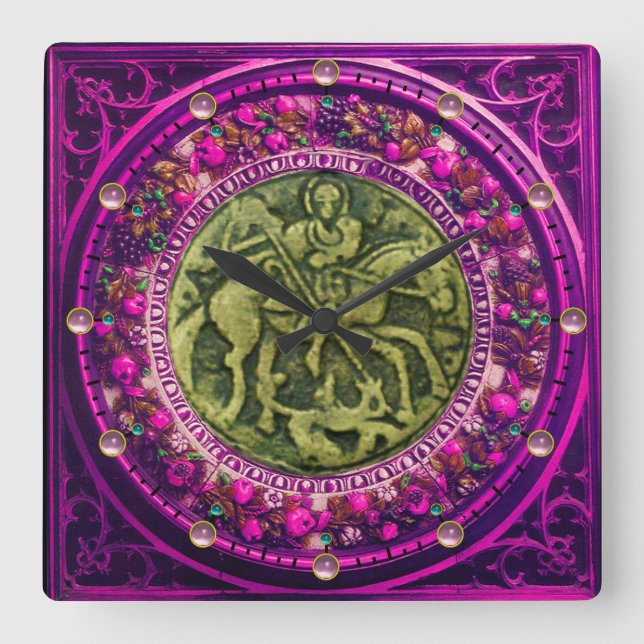 ST.GEORGE, DRAGON BRONZE MEDALLION  FLORAL CROWN SQUARE WALL CLOCK (Front)