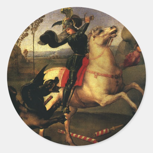 St. George Fighting the Dragon by Raphael Sanzio Classic Round Sticker (Front)