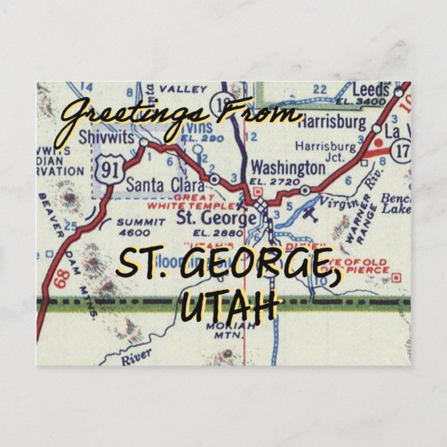 St. George Utah Vintage Map Postcard (Front)