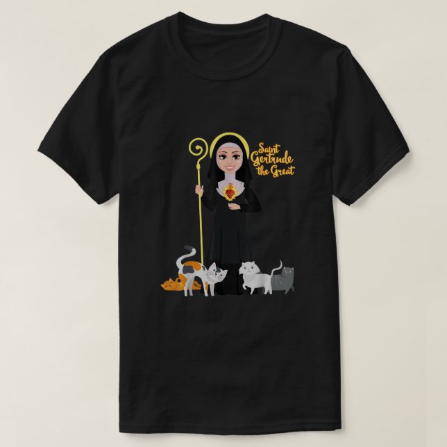 St Gertrude Patron Saint of Cats Lovers Great Nive T-Shirt (Design Front)
