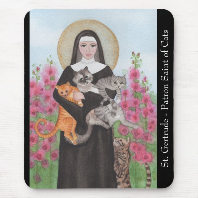 St. Gertrude Patron Saint of Cats Watercolor Mouse Mat (Front)