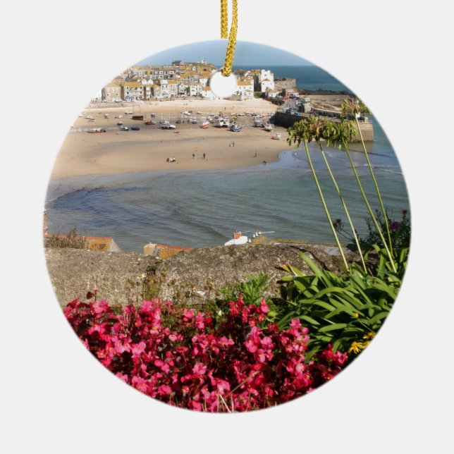 St Ives Harbour Pink Flowers Ceramic Tree Decoration (Front)