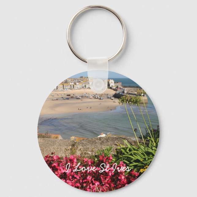 St Ives Harbour Pink Flowers Key Ring (Front)