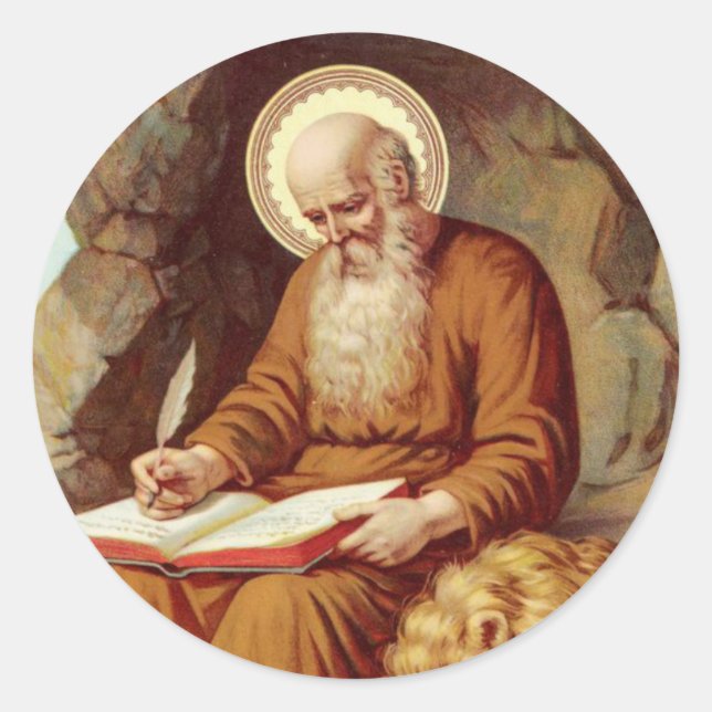 St. Jerome writing Scripture with lion Classic Round Sticker (Front)
