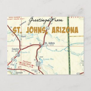 St. Johns Arizona Vintage Map Postcard