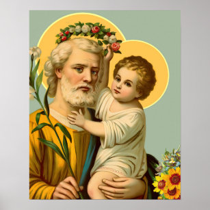 St Joseph and Child Jesus w Crown Flowers Poster