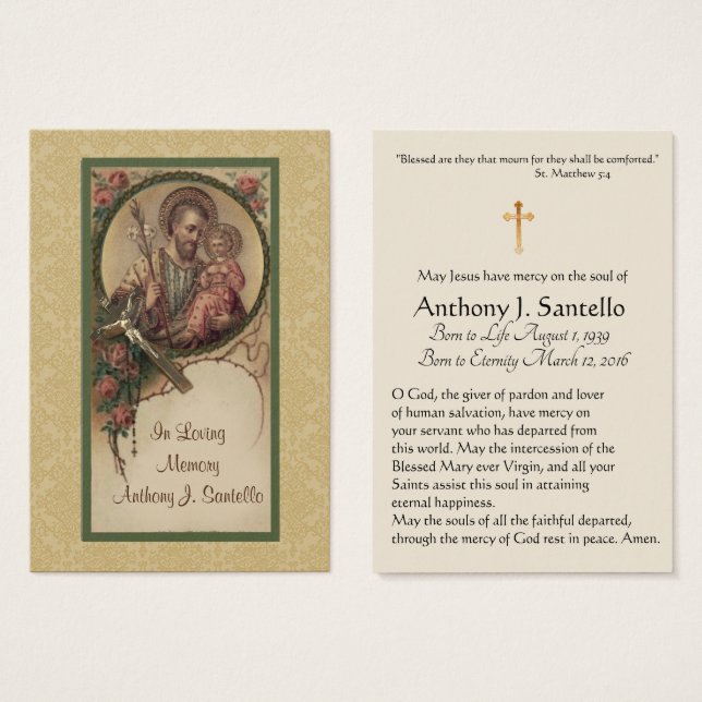 St. Joseph Catholic Funeral Memorial Holy Card - (Front & Back)