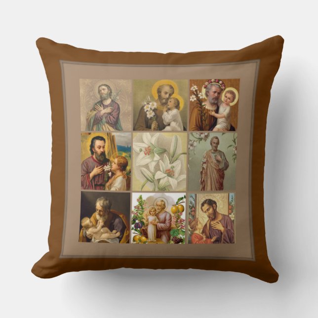 St. Joseph Child Jesus Collage Brown Border Cushion (Front)