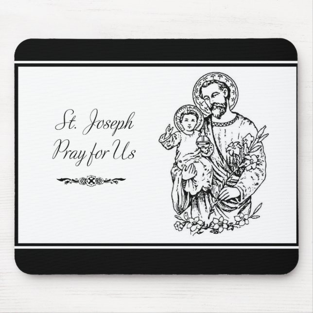 St. Joseph Pray for Us Black,  White, Catholic Mouse Mat (Front)