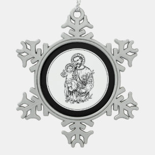 St. Joseph Pray for Us Black,  White, Catholic Snowflake Pewter Christmas Ornament