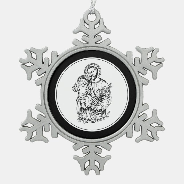 St. Joseph Pray for Us Black,  White, Catholic Snowflake Pewter Christmas Ornament (Front)