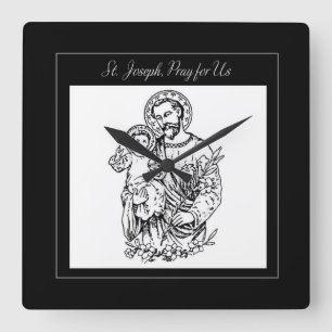 St. Joseph Pray for Us Black,  White, Catholic Square Wall Clock