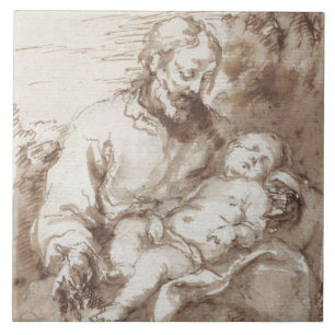 St. Joseph with the Sleeping Christ Child (pen & b Tile