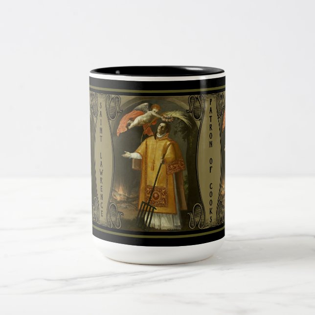 St. Lawrence of Rome Patron Saint of Cooks Two-Tone Coffee Mug (Center)
