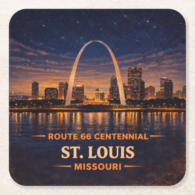 St Louis Route 66 Night Skyline Glow Barware Square Paper Coaster (Front)