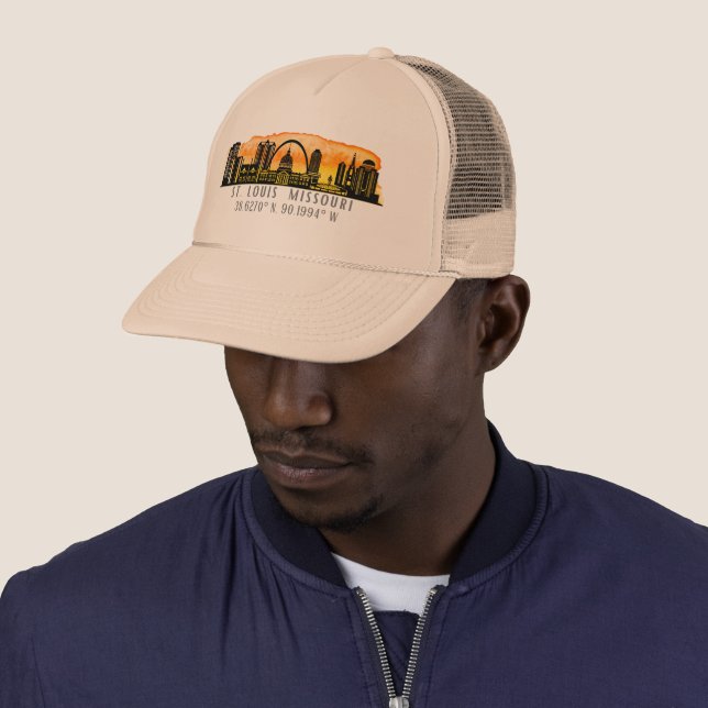 St. Louis Skyline Map Coordinates Trucker Hat (In Situ)