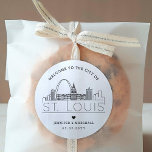 St. Louis Skyline | Wedding Welcome Favour Classic Round Sticker<br><div class="desc">Enhance your wedding welcome packages or event party favours with a custom set of welcome stickers! These elegant yet minimal-style stickers are tailored for a wedding taking place in the beautiful city of St. Louis. They feature a modern deco skyline with the name of the city integrated underneath. All elements...</div>