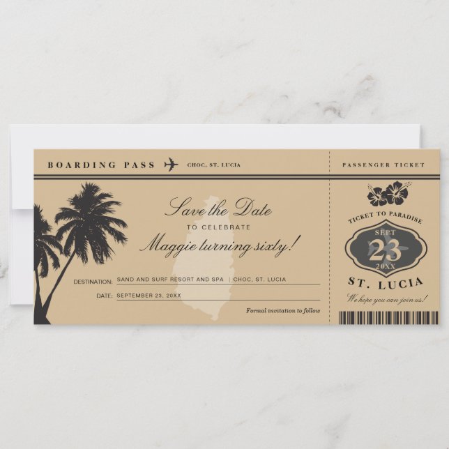 St Lucia Boarding Pass Save the Date Birthday (Front)