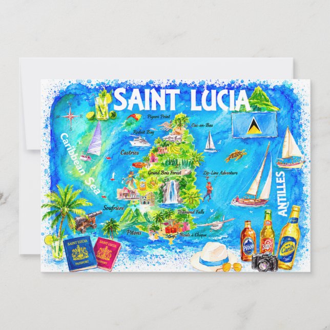 St Lucia Caribbean Watercolor Map Postcard (Front)