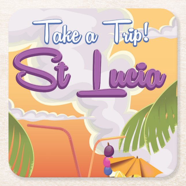 St Lucia Cartoon travel poster. Square Paper Coaster (Front)