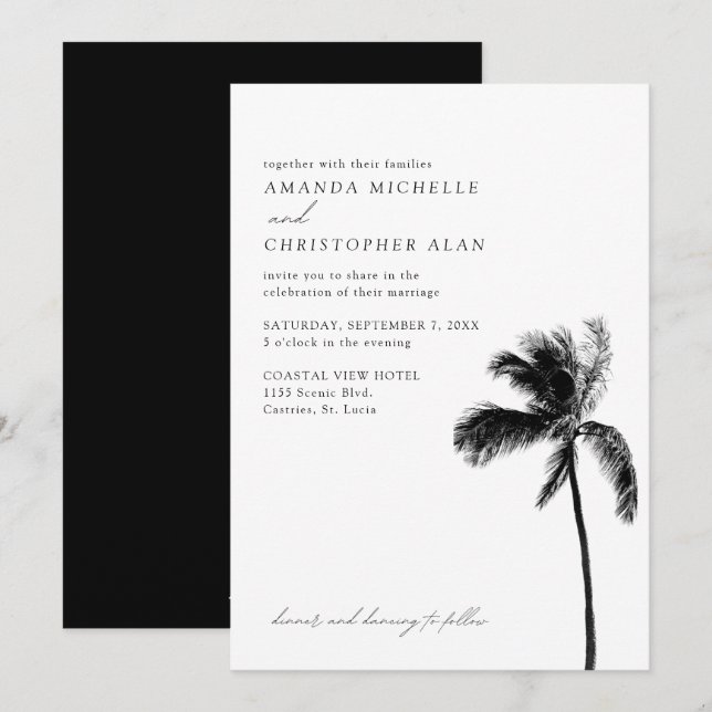 St. Lucia Wedding Beach Palm Black & White Elegant Invitation (Front/Back)