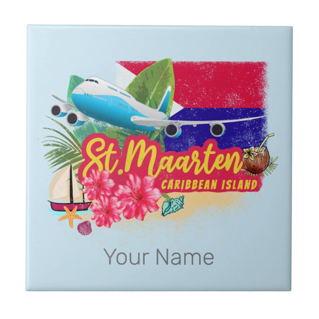 St. Maarten Retro Caribbean Vintage Island Plane Tile (Front)