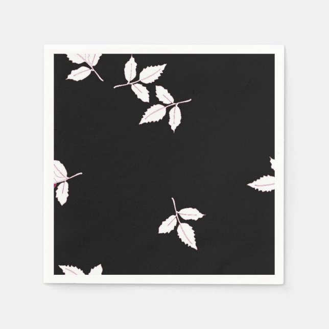 St. Marie Leaves White on Black Paper Napkins (Front)