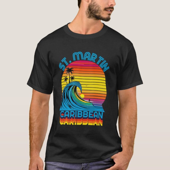 St Martin Caribbean Retro Throwback Surf & Beach S T-Shirt (Front)