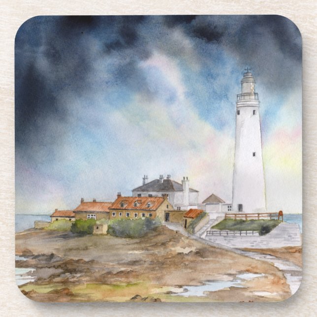 St Mary Lighthouse Whitley Bay Watercolour Coaster (Front)