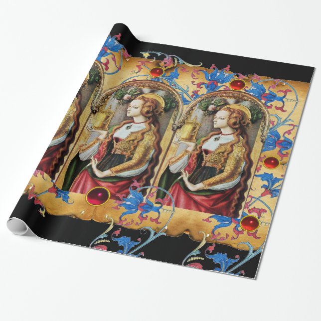 ST MARY MAGDALENE BLUE FLORAL PARCHMENT  RED GEMS WRAPPING PAPER (Unrolled)