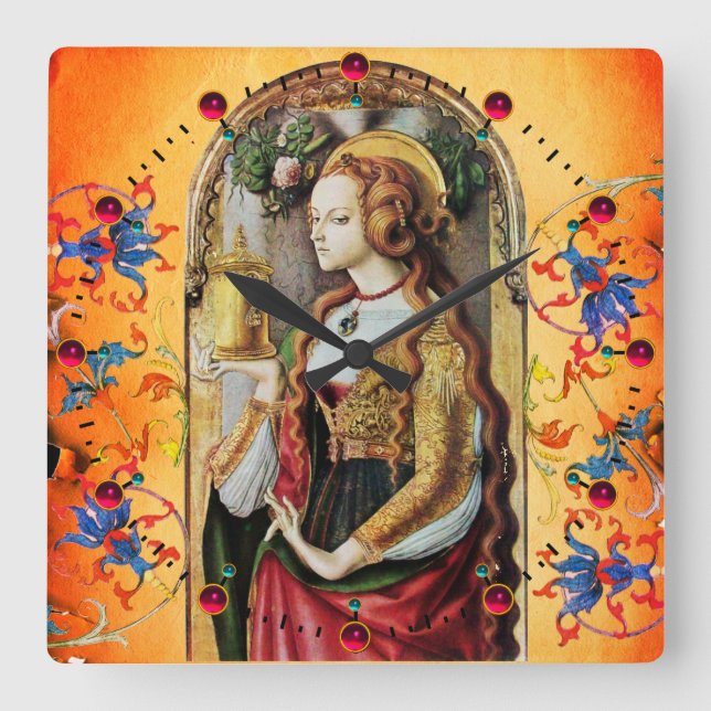 ST MARY MAGDALENE Orange Blue Floral Swirls Square Wall Clock (Front)