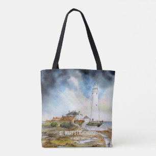 St. Mary's Lighthouse Whitley Bay Watercolor Tote Bag