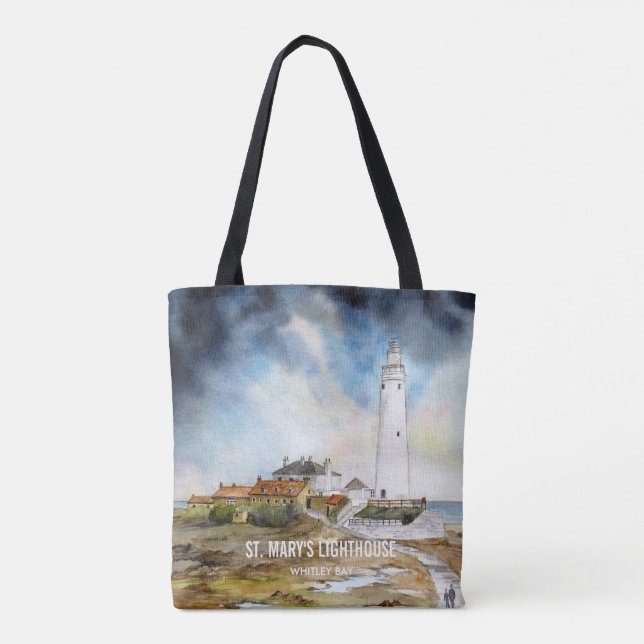 St. Mary's Lighthouse Whitley Bay Watercolor Tote Bag (Back)