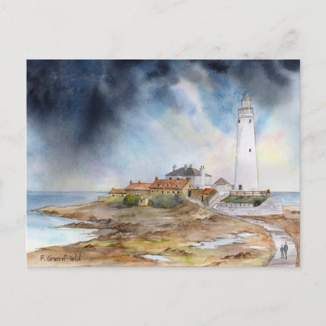 St Marys Lighthouse Whitley Bay Watercolour Postcard (Front)