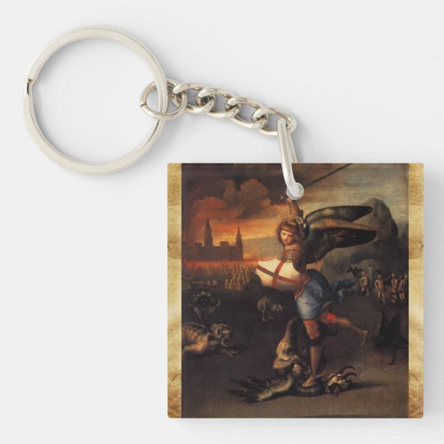 St Michael and the Dragon  Prayer Parchment Key Ring (Front)
