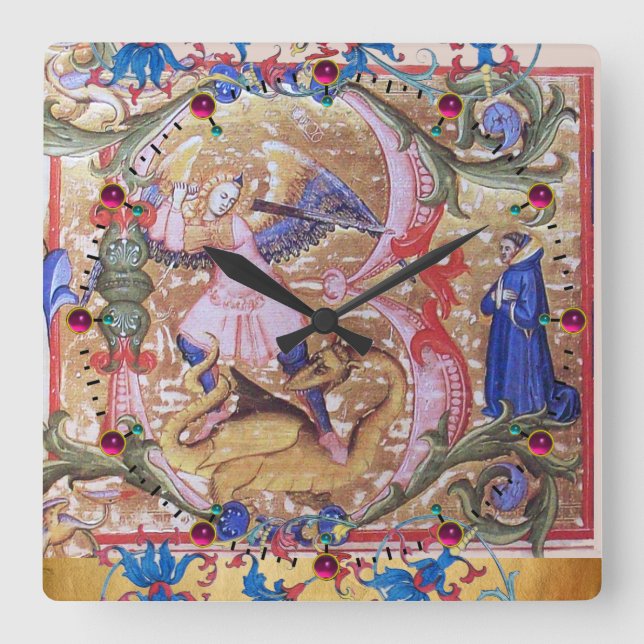 St. Michael Archangel And Dragon Antique Floral Square Wall Clock (Front)