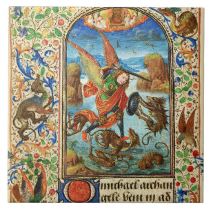 ST. MICHAEL ARCHANGEL AND DRAGON Flemish Miniature Tile