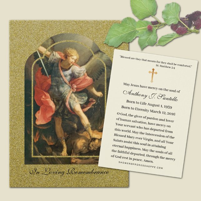 St. Michael Catholic Funeral Memorial Holy Card - (Traditional Catholic Funeral Memorial Prayer Card with St. Michael the Archangel)