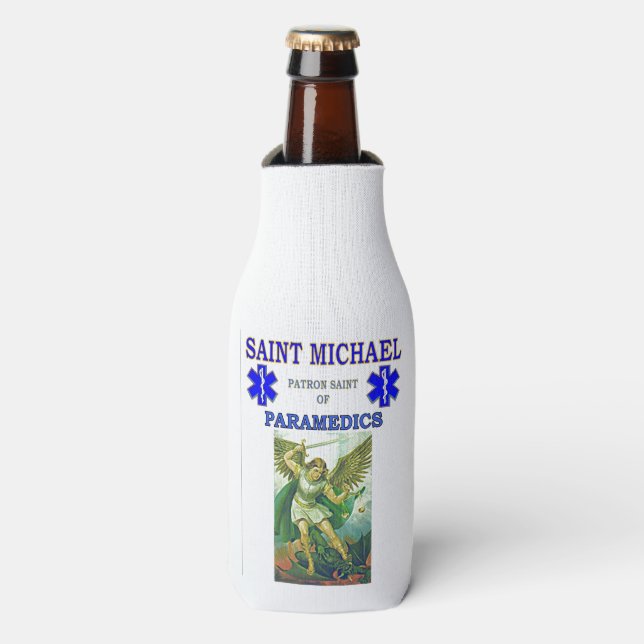ST MICHAEL PATRON SAINT of PARAMEDICS Bottle Cooler (Bottle Front)