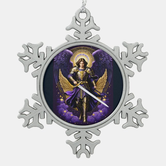 St Michael the Archangel Roman Catholic Snowflake Pewter Christmas Ornament (Front)